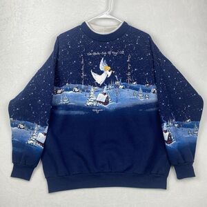 Vintage 90s Artisans Christmas Sweater Adult XL Blue Angel Snow Made In USA